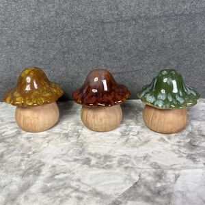 Drip Glaze Mushroom Decor Figurine Ceramic Pottery 4” Lot Of 3 Green Red Yellow
